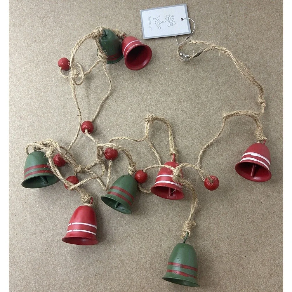 Silver Tree 39 inch Metal & Jute Garland Red & Green Retro Striped Jingle Bells